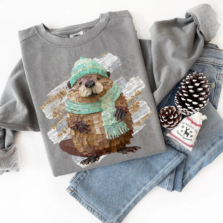Winter Beaver Faux Hand Painted Design